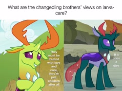 Size: 3081x2303 | Tagged: safe, edit, edited screencap, screencap, character:pharynx, character:prince pharynx, character:thorax, species:changeling, species:reformed changeling, episode:to change a changeling, episode:triple threat, g4, my little pony: friendship is magic, changedling brothers, exploitable meme, implied infanticide, male, mario brothers' views, meme, ponified meme