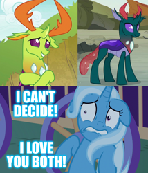 Size: 3080x3600 | Tagged: safe, edit, edited screencap, screencap, character:pharynx, character:prince pharynx, character:thorax, character:trixie, species:changeling, species:pony, species:reformed changeling, species:unicorn, episode:to change a changeling, episode:to where and back again, episode:triple threat, g4, my little pony: friendship is magic, caption, changedling brothers, female, image macro, male, meme, phartrix, shipping, straight, text, thoraxie, trixie yells at everything