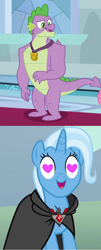 Size: 580x1436 | Tagged: safe, edit, edited screencap, screencap, character:spike, character:trixie, ship:spixie, episode:magic duel, episode:the last problem, g4, my little pony: friendship is magic, alicorn amulet, female, gigachad spike, heart eyes, male, older, older spike, shipping, shipping domino, straight, wingding eyes