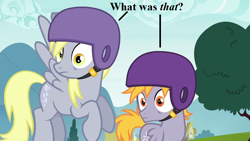 Size: 800x450 | Tagged: safe, edit, edited screencap, screencap, character:crackle pop, character:derpy hooves, episode:the cart before the ponies, g4, my little pony: friendship is magic, crash helmet, reaction image, speech, tree