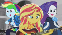 Size: 864x496 | Tagged: safe, edit, screencap, character:rainbow dash, character:rarity, character:sunset shimmer, episode:let it rain, episode:run to break free, episode:the other side, g4, my little pony: equestria girls, my little pony:equestria girls, spoiler:eqg series (season 2), animated, crystal, mashup, microphone, music, musical instrument, running, smiling, song, sound, sound only, style, webm