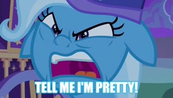 Size: 1280x720 | Tagged: safe, edit, edited screencap, screencap, character:trixie, episode:to where and back again, g4, my little pony: friendship is magic, caption, female, floppy ears, image macro, meme, solo, text, trixie tang, trixie yells at everything, trixie's wagon