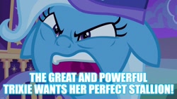 Size: 1280x720 | Tagged: safe, edit, edited screencap, screencap, character:trixie, episode:to where and back again, g4, my little pony: friendship is magic, caption, female, floppy ears, image macro, meme, solo, text, trixie yells at everything, trixie's wagon