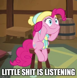 Size: 500x502 | Tagged: safe, edit, edited screencap, screencap, character:pinkie pie, species:earth pony, species:pony, episode:best gift ever, g4, my little pony: friendship is magic, caption, clothing, cropped, female, image macro, impact font, meme, reaction image, sitting, solo, text, vulgar, winter outfit