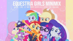 Size: 856x482 | Tagged: safe, edit, screencap, character:applejack, character:fluttershy, character:pinkie pie, character:rainbow dash, character:rarity, character:spike, character:spike (dog), character:sunset shimmer, character:twilight sparkle, character:twilight sparkle (scitwi), species:dog, species:eqg human, equestria girls:forgotten friendship, equestria girls:rollercoaster of friendship, equestria girls:spring breakdown, equestria girls:sunset's backstage pass, g4, my little pony: equestria girls, my little pony:equestria girls, spoiler:eqg series (season 2), all good (song), animated, applejack's hat, camera, clothing, cowboy hat, geode of empathy, geode of shielding, geode of telekinesis, glasses, hat, humane five, humane seven, humane six, magical geodes, mashup, microphone, monochrome, music, photo booth (song), smiling, song, sound, sound only, thumbnail, true original (song), we've come so far, webm