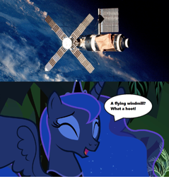 Size: 1021x1070 | Tagged: safe, edit, edited screencap, screencap, character:princess luna, species:alicorn, species:pony, episode:luna eclipsed, g4, my little pony: friendship is magic, cropped, dialogue, earth, ethereal mane, everfree forest, eyes closed, implied human, jewelry, laughing, nightmare night, photo, regalia, season 2, skylab, space, space station, speech bubble, text, tree, wings