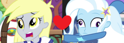 Size: 1366x477 | Tagged: safe, edit, edited screencap, screencap, character:derpy hooves, character:trixie, ship:tripy, equestria girls:legend of everfree, equestria girls:rainbow rocks, g4, my little pony: equestria girls, my little pony:equestria girls, female, lesbian, shipping, shipping domino