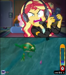 Size: 720x809 | Tagged: safe, edit, edited screencap, screencap, character:fluttershy, character:sunset shimmer, episode:game stream, g4, my little pony: equestria girls, my little pony:equestria girls, spoiler:eqg series (season 2), big the cat, fishing, froggy, game grumps, gamer sunset, meme, rage, sonic adventure, sonic adventure dx, sonic the hedgehog (series), sunset shimmer frustrated at game, sunset's apartment, video game