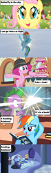 Size: 1149x3897 | Tagged: safe, edit, edited screencap, screencap, character:fluttershy, character:pinkie pie, character:rainbow dash, character:spike, episode:a friend in deed, episode:mmmystery on the friendship express, episode:power ponies, episode:read it and weep, episode:tanks for the memories, episode:the cutie mark chronicles, g4, my little pony: friendship is magic, season 1, season 4, season 5, bed, bedroom, book, bookshelf, butterfly, cake, castle of the royal pony sisters, clothing, cloud, comic book, cute, daring do book, dashabetes, diapinkes, female, filly, filly fluttershy, food, glow, golden oaks library, happy, hat, i'll fly, library, lyrics, magnifying glass, marzipan mascarpone meringue madness, reading, reading rainboom, reading rainbow, season 2, shyabetes, sky, so many wonders, song, song reference, spikabetes, sun, surprised, text, text box, theme song, train, tree, younger