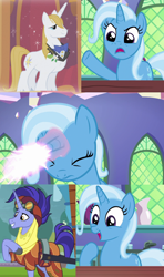 Size: 640x1080 | Tagged: safe, edit, edited screencap, screencap, character:hoo'far, character:prince blueblood, character:trixie, species:pony, species:unicorn, ship:bluetrix, ship:trixfar, episode:all bottled up, episode:on the road to friendship, episode:the ticket master, g4, my little pony: friendship is magic, angry, annoyed, blast, female, happy, impressed, magic, magic blast, male, meme, shipping, shipping denied, straight, transformation, trixie fixing meme