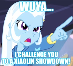 Size: 919x835 | Tagged: safe, edit, edited screencap, screencap, character:trixie, episode:guitar centered, equestria girls:rainbow rocks, g4, my little pony: equestria girls, my little pony:equestria girls, cropped, female, meme, pointing, solo, xiaolin showdown