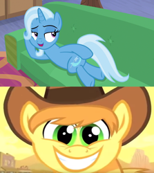 Size: 1280x1436 | Tagged: safe, edit, edited screencap, screencap, character:braeburn, character:trixie, episode:on the road to friendship, episode:over a barrel, g4, my little pony: friendship is magic, crack shipping, draw me like one of your french girls, female, male, shipping, shipping domino, straight, trixburn