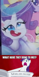 Size: 600x1182 | Tagged: safe, edit, edited screencap, screencap, character:rarity, species:pony, species:unicorn, episode:ponyville confidential, g4, my little pony: friendship is magic, my little pony:pony life, derp, drama, i'll destroy her, op is a duck, op isn't even trying anymore, pony life drama