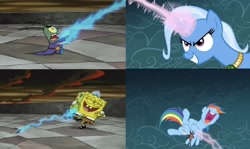 Size: 1004x598 | Tagged: safe, edit, edited screencap, screencap, character:rainbow dash, character:trixie, episode:magic duel, g4, my little pony: friendship is magic, alicorn amulet, blast, comparison, dunces and dragons, laser beam, laughing, lost in time, magic, magic beam, magic blast, pen and paper rpg, plankton, powers, reference, rpg, sheldon j. plankton, spongebob squarepants, tickling