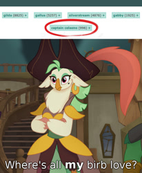 Size: 660x800 | Tagged: safe, edit, edited screencap, screencap, character:captain celaeno, character:gabby, character:gallus, character:gilda, character:silverstream, species:anthro, species:bird, species:parrot, derpibooru, my little pony: the movie (2017), birb, clothing, cropped, crossed arms, female, hat, meta, parrot pirates, pirate, pirate hat, sad, solo, text