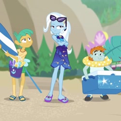 Size: 1024x1024 | Tagged: safe, edit, edited screencap, screencap, character:snails, character:snips, character:trixie, equestria girls:forgotten friendship, g4, my little pony: equestria girls, my little pony:equestria girls, clothing, cropped, feet, flip-flops, male, male feet, sandals, sarong, swimsuit