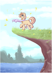 Size: 695x968 | Tagged: safe, artist:lulubell, oc, oc:lulubell, cliff, lake, petals, solo, windswept mane