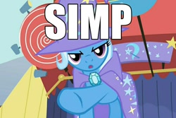 Size: 1080x720 | Tagged: safe, edit, edited screencap, screencap, character:trixie, species:pony, species:unicorn, episode:boast busters, g4, my little pony: friendship is magic, caption, cropped, female, image macro, meme, pointing, pointing at you, simp, solo, text, trixie yells at everything