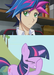 Size: 358x500 | Tagged: safe, edit, edited screencap, screencap, character:twilight sparkle, episode:applebuck season, g4, my little pony: friendship is magic, facehoof, obscure crossover, obscure reference, yu-gi-oh!, yu-gi-oh! vrains, yusaku fujiki