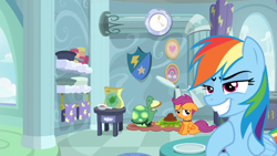 Size: 1280x720 | Tagged: safe, edit, edited screencap, screencap, character:rainbow dash, character:scootaloo, character:tank, species:pegasus, species:pony, episode:secrets and pies, g4, my little pony: friendship is magic, collar, female, mare, needs more jpeg, op isn't even trying anymore, pet food, rainbow dash's house, rainbow douche, scootapet, sitting