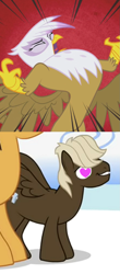 Size: 657x1497 | Tagged: safe, edit, edited screencap, screencap, character:dumbbell, character:gilda, character:hoops, species:griffon, species:pegasus, species:pony, episode:griffon the brush-off, episode:sonic rainboom, g4, my little pony: friendship is magic, angry, cropped, female, gildabell, heart eyes, male, roar, shipping, stallion, straight, wingding eyes