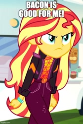 Size: 500x742 | Tagged: safe, edit, edited screencap, screencap, character:sunset shimmer, equestria girls:sunset's backstage pass, g4, my little pony: equestria girls, my little pony:equestria girls, spoiler:eqg series (season 2), angry, bacon hair, caption, cropped, cute, female, geode of empathy, image macro, imgflip, impact font, king curtis, madorable, magical geodes, meme, solo, sunset shimmer is not amused, text, unamused