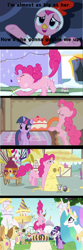 Size: 1920x5765 | Tagged: safe, edit, edited screencap, screencap, character:applejack, character:donut joe, character:fluttershy, character:gustave le grande, character:pinkie pie, character:princess celestia, character:rarity, character:twilight sparkle, character:twilight sparkle (unicorn), species:alicorn, species:earth pony, species:griffon, species:pony, species:unicorn, episode:a friend in deed, episode:hearth's warming eve, episode:luna eclipsed, episode:mmmystery on the friendship express, episode:swarm of the century, g4, my little pony: friendship is magic, animal costume, batter, cake, cake batter, cartoon physics, chicken pie, chicken suit, clothing, comic, costume, eating, female, food, gluttony, gustave le grande, hub logo, long tongue, male, mare, marzipan mascarpone meringue madness, mouth, mulia mild, pinkie being pinkie, puffy cheeks, stallion, text, tongue out