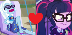 Size: 749x373 | Tagged: safe, edit, edited screencap, screencap, character:trixie, character:twilight sparkle, character:twilight sparkle (scitwi), species:eqg human, ship:twixie, episode:twilight under the stars, equestria girls:forgotten friendship, g4, my little pony: equestria girls, my little pony:equestria girls, spoiler:eqg series (season 2), clothing, cropped, female, glasses, lesbian, sci-twixie, shipping, shipping domino, swimsuit