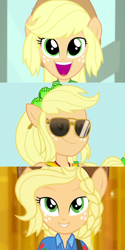 Size: 1062x2125 | Tagged: safe, edit, screencap, character:applejack, episode:a case for the bass, equestria girls:holidays unwrapped, equestria girls:legend of everfree, equestria girls:rollercoaster of friendship, g4, my little pony: equestria girls, my little pony:equestria girls, spoiler:eqg series (season 2), crystal guardian, cute, female, hair, jackabetes, photo booth, ponied up, sliding background, smiley face, solo, sunglasses, super ponied up, winter break-in