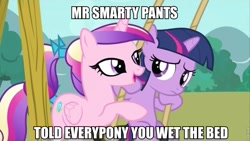 Size: 960x540 | Tagged: safe, edit, edited screencap, screencap, character:princess cadance, character:smarty pants, character:twilight sparkle, species:alicorn, species:pony, species:unicorn, caption, female, filly, implied bedwetting, implied pissing, implied urine, implied wetting, meme
