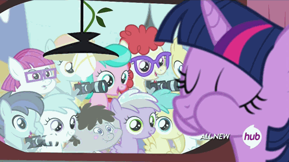 Size: 576x324 | Tagged: safe, edit, edited screencap, screencap, character:alula, character:aquamarine, character:aura, character:boysenberry, character:cotton cloudy, character:dinky hooves, character:featherweight, character:liza doolots, character:noi, character:orange tangerine, character:peach fuzz, character:petunia, character:pipsqueak, character:piña colada, character:pluto, character:rainy feather, character:ruby pinch, character:shady daze, character:strike, character:super funk, character:sweet pop, character:tangerine twist, character:tootsie flute, character:tornado bolt, character:train tracks, character:truffle shuffle, character:twilight sparkle, character:twilight sparkle (alicorn), character:twist, species:earth pony, species:pony, episode:twilight time, g4, my little pony: friendship is magic, animated, apple core, aweeg*, burger, camera, camera flashes, colt, eating, female, food, gallop j. fry, hay burger, hub logo, hubble, lemon daze, little red, male, mare, observer, paparazzi, piña cutelada, pluto, puffy cheeks, rainy feather, reversed, sweet pop, that pony sure does love burgers, the hub, twilight burgkle, window, yummy