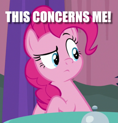Size: 835x865 | Tagged: safe, edit, edited screencap, screencap, character:pinkie pie, episode:a trivial pursuit, g4, my little pony: friendship is magic, caption, concerned, cropped, female, image macro, juxtaposition bait, meme, reaction image, solo, text