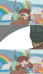Size: 1356x2284 | Tagged: safe, edit, edited screencap, screencap, character:smolder, character:yona, species:yak, episode:2-4-6 greaaat, blindfold, bow, cloven hooves, female, hair bow, meme template, monkey swings, peeking, simple background, template, transparent background