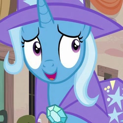 Size: 512x512 | Tagged: safe, edit, edited screencap, screencap, character:trixie, episode:to where and back again, g4, my little pony: friendship is magic, cape, clothing, cropped, hat, trixie's cape, trixie's hat, village