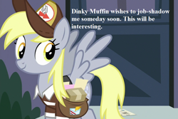 Size: 972x648 | Tagged: safe, edit, edited screencap, screencap, character:derpy hooves, episode:the last crusade, g4, my little pony: friendship is magic, clothing, cropped, cute, derpabetes, hat, implied dinky, mailbag, mailmare hat, speech