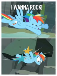 Size: 2522x3326 | Tagged: safe, edit, edited screencap, screencap, character:rainbow dash, episode:may the best pet win, g4, my little pony: friendship is magic, be careful what you wish for, ouch, pun, rock, song reference, twisted sister