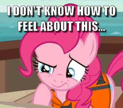 Size: 509x449 | Tagged: safe, edit, edited screencap, screencap, character:pinkie pie, episode:p.p.o.v. (pony point of view), g4, my little pony: friendship is magic, caption, cropped, female, image macro, lifejacket, meme, solo, text