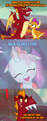 Size: 500x1274 | Tagged: safe, edit, edited screencap, screencap, character:garble, character:ocellus, character:smolder, species:changedling, species:changeling, species:dragon, species:reformed changeling, episode:sweet and smoky, episode:uprooted, g4, my little pony: friendship is magic, blushing, comic, crack shipping, cropped, cute, cuteling, diaocelles, dragoness, eyes closed, female, happy, male, matchmaker, meme, open mouth, screencap comic, shipper on deck, shipping, smiling, teenaged dragon