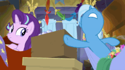 Size: 1280x720 | Tagged: safe, edit, edited screencap, screencap, character:starlight glimmer, character:trixie, species:pony, species:unicorn, episode:on the road to friendship, :t, animated, box, derp, fading, faec, hammock, pixelated, pushing, saturated, scrunchy face, slow motion, sound, squeezing, squishy, squishy cheeks, stuck, trixie's wagon, wat, webm