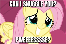 Size: 690x470 | Tagged: safe, edit, edited screencap, screencap, character:fluttershy, species:pegasus, species:pony, episode:sweet and smoky, g4, my little pony: friendship is magic, bronybait, caption, cute, dawwww, eye shimmer, faec, female, hnnng, image macro, mare, meme, prone, shyabetes, smiling, snuggles?, solo, text, weapons-grade cute