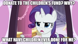 Size: 858x481 | Tagged: safe, edit, edited screencap, screencap, character:rarity, species:pony, species:unicorn, episode:the saddle row review, g4, my little pony: friendship is magic, can you spare a dime?, caption, female, image macro, mare, meme, open mouth, rarity is not amused, spongebob squarepants, text, unamused