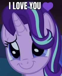 Size: 522x632 | Tagged: safe, edit, edited screencap, screencap, character:starlight glimmer, species:pony, species:unicorn, episode:uncommon bond, g4, my little pony: friendship is magic, bronybait, caption, confession, cropped, cute, dawwww, female, glimmerbetes, hair flip, heart, hnnng, i love you, image macro, mare, meme, smiling, solo, text
