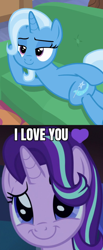 Size: 592x1440 | Tagged: safe, edit, edited screencap, screencap, character:starlight glimmer, character:trixie, ship:startrix, episode:on the road to friendship, episode:uncommon bond, g4, my little pony: friendship is magic, caption, draw me like one of your french girls, female, image macro, lesbian, meme, shipping, shipping domino, text