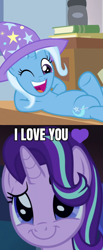 Size: 592x1440 | Tagged: safe, edit, edited screencap, screencap, character:starlight glimmer, character:trixie, ship:startrix, episode:a horse shoe-in, episode:uncommon bond, g4, my little pony: friendship is magic, caption, cropped, female, image macro, lesbian, meme, shipping, shipping domino, text