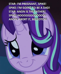 Size: 522x632 | Tagged: safe, edit, edited screencap, screencap, character:starlight glimmer, species:pony, species:unicorn, episode:uncommon bond, g4, my little pony: friendship is magic, caption, cropped, female, image macro, implied spike, mare, season 7, smiling, solo, text, vulgar