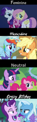 Size: 880x2880 | Tagged: safe, edit, edited screencap, screencap, character:applejack, character:fluttershy, character:pinkie pie, character:rainbow dash, character:rarity, character:starlight glimmer, character:trixie, character:twilight sparkle, character:twilight sparkle (alicorn), species:alicorn, species:earth pony, species:pegasus, species:pony, species:unicorn, episode:2-4-6 greaaat, episode:buckball season, episode:on the road to friendship, episode:read it and weep, g4, my little pony: friendship is magic, caption, cropped, gender, image macro, mane six, text, vulgar