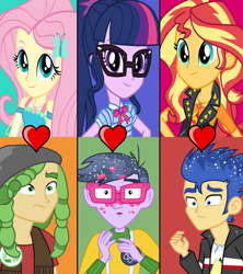 Size: 1280x1440 | Tagged: safe, edit, edited screencap, screencap, character:flash sentry, character:fluttershy, character:microchips, character:sandalwood, character:sunset shimmer, character:twilight sparkle, character:twilight sparkle (scitwi), species:eqg human, ship:flashimmer, ship:microlight, episode:a banner day, g4, my little pony: equestria girls, my little pony:equestria girls, female, male, sandalshy, shipping, shipping domino, straight
