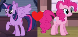 Size: 433x210 | Tagged: safe, edit, edited screencap, screencap, character:pinkie pie, character:twilight sparkle, character:twilight sparkle (alicorn), species:alicorn, species:pony, ship:twinkie, episode:three's a crowd, episode:twilight's kingdom, g4, my little pony: friendship is magic, female, lesbian, shipping, shipping domino
