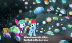Size: 1550x942 | Tagged: safe, edit, edited screencap, screencap, character:rainbow dash, character:rarity, species:pony, ship:raridash, episode:the end in friend, g4, my little pony: friendship is magic, aivo, animated, avo, boots, caption, female, fifteen.ai, gem cave, glitter boots, helmet, hoofbump, lesbian, mining helmet, shipping, shoes, sound, sound edit, webm