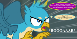 Size: 1280x660 | Tagged: safe, edit, edited screencap, screencap, character:gallus, episode:escape from catrina, episode:uprooted, g1, g4, my little pony 'n friends, my little pony: friendship is magic, angry, censored vulgarity, cropped, dialogue, g1 to g4, generation leap, grawlixes, implied drugs, implied oc, roar, speech, speech bubble, thought bubble